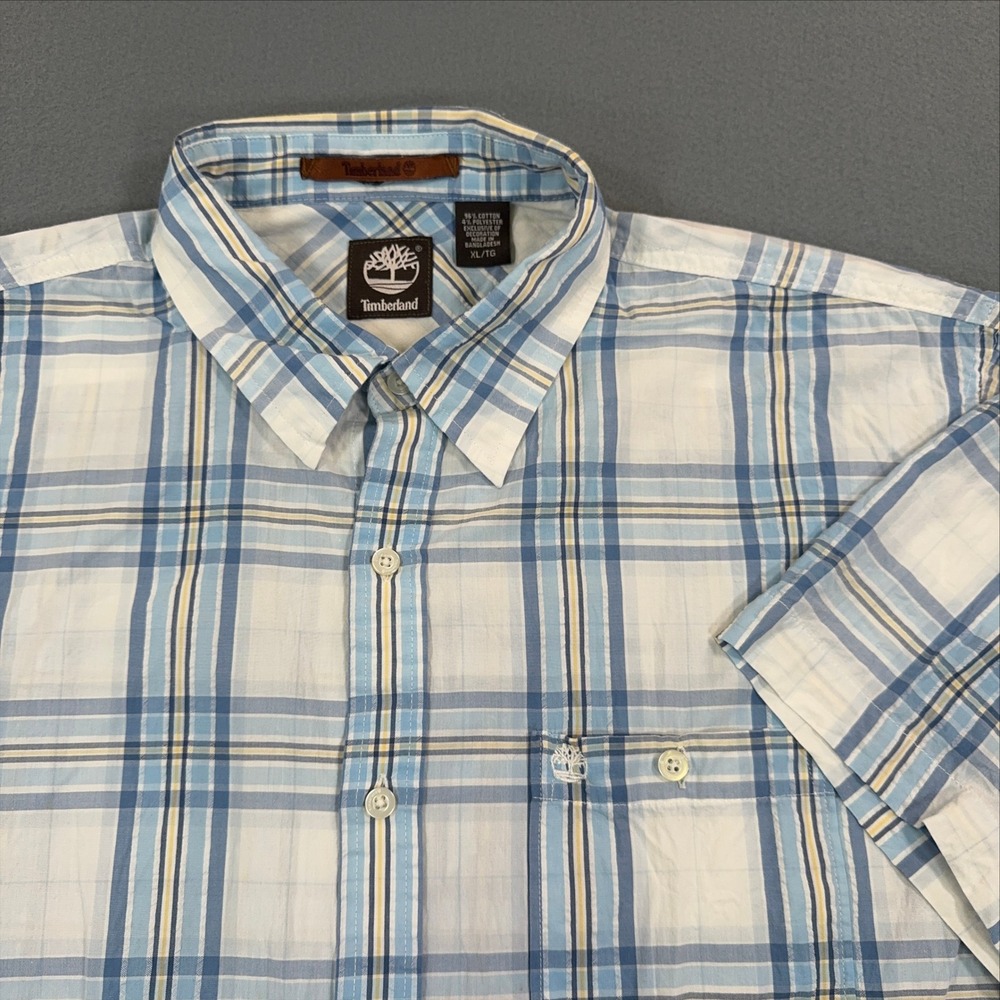 Timberland Mens XL Short Sleeve Button Down Shirt Blue White Plaid Casual Logo